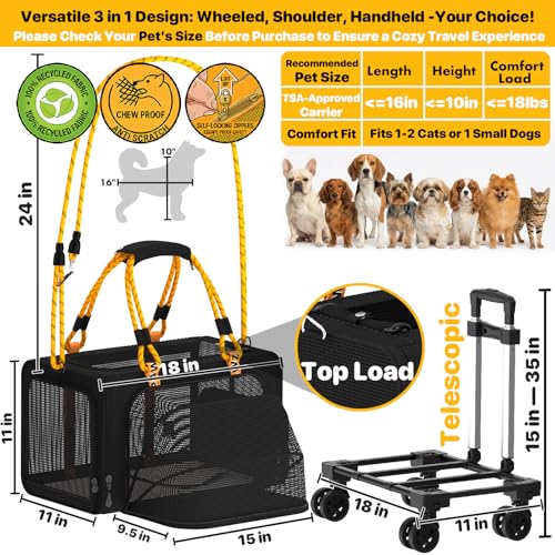 PAWZIDEA Expandable Pet Carrier with Wheels, 18"x11"x11" TSA Airline Approved Cat Carrier for 2 Cats Under Seat, Collapsible Soft-Sided Small Dog Rolling Travel Bag with Telescopic Handle, Up to 18lbs - color: Black Warrior-Wheels
