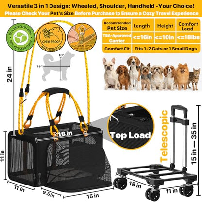 PAWZIDEA Expandable Pet Carrier with Wheels, 18"x11"x11" TSA Airline Approved Cat Carrier for 2 Cats Under Seat, Collapsible Soft-Sided Small Dog Rolling Travel Bag with Telescopic Handle, Up to 18lbs - color: Black Warrior-Wheels