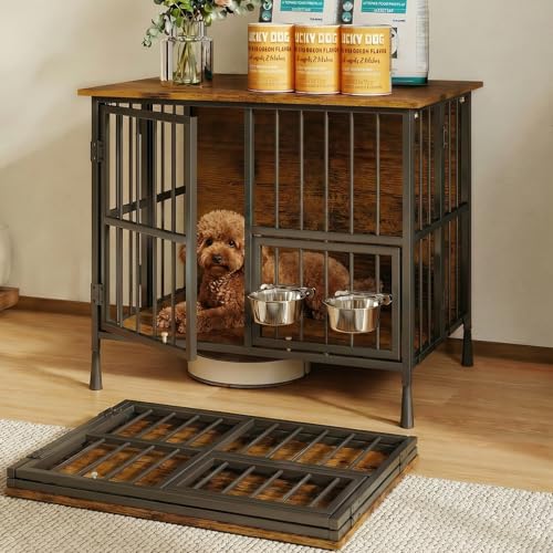 Hadulcet Foldable Dog Crate Furniture, 27.55” Small Indoor Dog Kennel with Storage Top, Wooden Dog Crate Table for Small to Medium Dogs, Furniture Style Dog Cage with 2 Bowls, Rustic Brown - color: Rustic Brown, size: 27.6"L x 20.1"W x 22.8"H