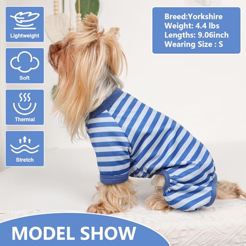 Dog Pajamas Pjs Stretchable Strip Dog Jumpsuit 4 Legs Pjs for Summer Dog Clothes Puppy Onesies Doggie Outfit (Blue, Small (Chest 13in)) - color: Blue, size: Small (Chest 13in )