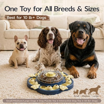 Dog Puzzle Toy, 3 Levels of Step-by-Step Challenge, Spin to Release Treat Dispenser, Slow Feeder & Mental Stimulation Enrichment Toy for Small Medium Large Dogs - color: Sunflower Blue