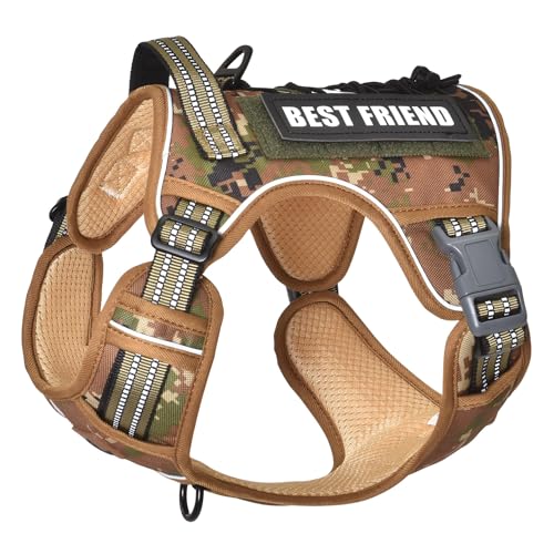 PET MARVEL Heavy Duty Dog Harness with Handle, No Pull Adjustable Outdoor Vest with Metal Buckles, MOLLE Panel & Reflective Strips for Medium Large Dogs - color: Camouflage, size: S(Neck:14-21",Chest:20-31")
