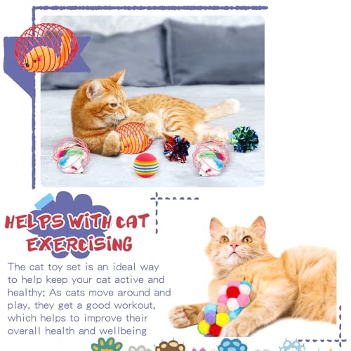 Lenwen 100 Pcs Cat Toys Set Bulk Cat Fur Mice Toys Variety Plastic Ball with Bell Furry Pompom Rattle Mouse Assorted Interactive Catnip Toy Pillow Chew Nice Gift for Indoor Kitten Cats Catch Play