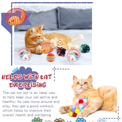 Lenwen 100 Pcs Cat Toys Set Bulk Cat Fur Mice Toys Variety Plastic Ball with Bell Furry Pompom Rattle Mouse Assorted Interactive Catnip Toy Pillow Chew Nice Gift for Indoor Kitten Cats Catch Play