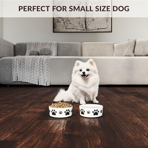 Ceramic Dog Bowls for Small Size Dog - 5'' Round × 2 Tall Dog Food Bowl & Water Bowl Set of 2 - Small Dog Bowls with Anti-Slip Rings - 2 Cups Food and Water Bowls for Dogs and Cats - size: 5 in