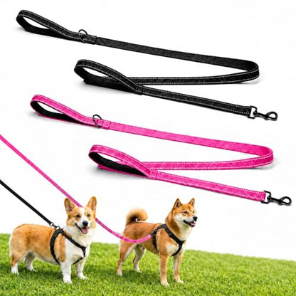 2 Pack Dual Handle Dog Leash, 6ft x 1in Heavy Duty Reflective Nylon Leash with Padded Grip, Traffic Handle, D-Ring, Tangle-Free Dog Lead for Small, Medium & Large Dogs, Safe Night Walks (Black+Rose) - color: 2PCS-Black+Pink