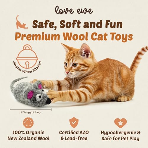 Hustle & Blush Love Ewe Felted Cat Toys 3 Pack- 5 Inch Mouse w/Bell & 2 Inch Ball Hand Made Cute & Fun Design Kitten Wool Felt Balls for Indoor Play & Exercise-100% New Zealand Handmade Felted Balls - color: Mouse & ball