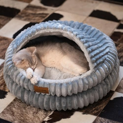 Cat Cave Bed for Indoor Cats, Washable Covered Cat Bed Hooded Kitty Bed Soft Fluffy Pet Bed for Puppy and Small Dog(Dark Blue) - color: Dark Blue