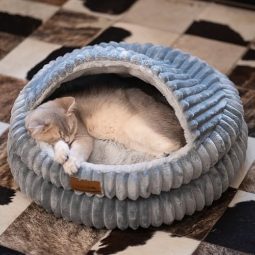 Cat Cave Bed for Indoor Cats, Washable Covered Cat Bed Hooded Kitty Bed Soft Fluffy Pet Bed for Puppy and Small Dog(Dark Blue) - color: Dark Blue