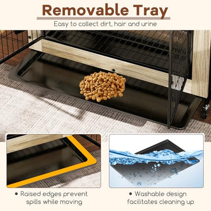 PETSITE Portable Dog Crate Furniture, 38 Inch Wooden Dog Kennel Side Table with Flip-up Top, 3 Lockable Doors and Removable Tray, Ideal for Small to Medium Dogs (Grey) - color: Grey