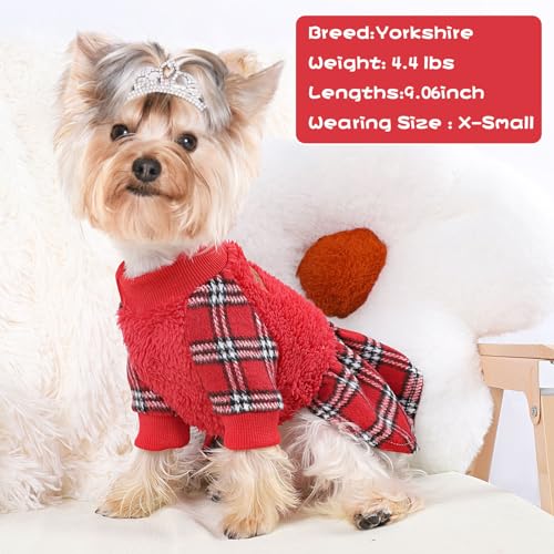 Dog Sweater Dresses for Small Dogs Girl Boy, Plaid Dog Clothes Outfit, Winter Warm Fleece Princess Plaid Dresses, Pet Festival Outfits Apparel Clothing, Small, Red, S - color: Red, size: Small (Chest 15in )