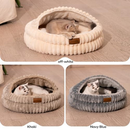 Cat Cave Bed for Indoor Cats, Washable Covered Cat Bed Hooded Kitty Bed Soft Fluffy Pet Bed for Puppy and Small Dog(Khaki) - color: Khaki