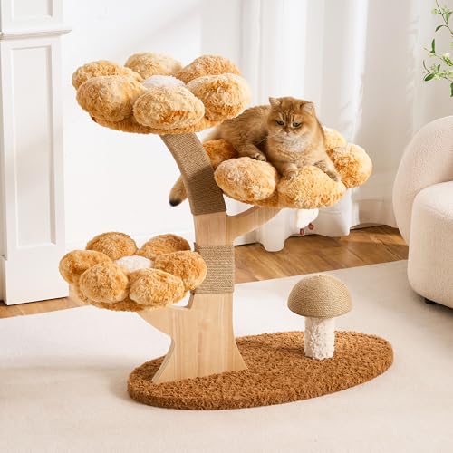 797Audio Flower Cat Tree, 37" Wood Branch Cat Tower, Pink Cloud Cat Tree with Scratching Post for Indoor Adult Cats, Luxury Cat Tree with Mushroom Cat Scratcher & Interactive Squeaky Toy - color: Yellow, size: 37"-Mushroom