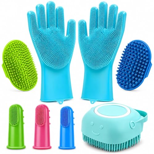 8PCS Pet Grooming & Bathing Kit for Dogs & Cats, Dog Bathing Supplies with Silicone Dog Washing Gloves, Dog Shampoo Brush, Dog Bath Brush Pet Grooming Tools for Shedding, Cleaning & Massage