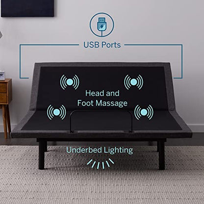 Lucid L600 Adjustable Bed Base Frame - Queen Size - Zero Gravity - Bluetooth - Companion App - Head and Foot Incline - Interactive Dual Massage - Under Bed Lighting - Wireless Remote - Dual USB Ports - size: Queen, style: L600