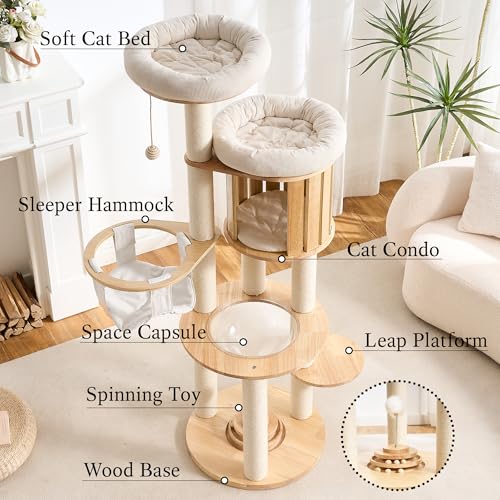 797Audio Wood Modern Cat Tree, 61.5" Cat Tower with Sisal Scratching Posts, Cat Condo, Capsule,Hamnock and Spinner Toy, Solid Wooden Aesthetic Multi-Level Cat Climbing Tree for Adult Indoor Cats-White - color: 62 Inch-Turntable-White