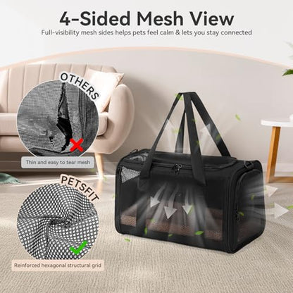 PETSFIT Soft-Sided Cat Carrier with Patented Safety Buckles, Lockable Zippers & Safety Tether,Escape-Resistant Travel Pet Carrier for Car Rides & Vet Visits, Airline Approved Under-Seat, Up to 12 lbs - color: Black, size: Medium