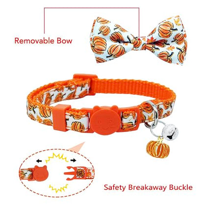 Fall Thanksgiving Harvest Cat Collar with Removable Bow Tie and Bell, Holiday Safety Breakaway Collar with Turkey and Pumpkin Spice Pattern for Boys and Girls Kitties Kittens - color: Thanksgiving Pumpkin