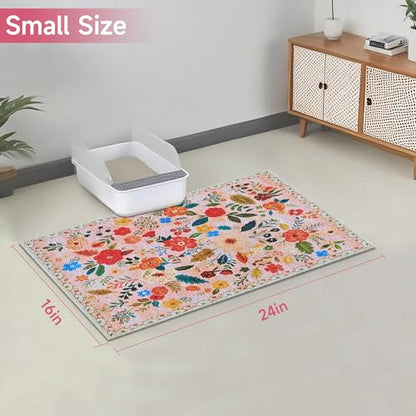 Cat Litter Mat, 24" x 16" Litter Box mat, Upgrade Non-Slip Kitty Litter mat, Traps 100% Litter, Soft on Kitty Paws, Easy Clean for Scatter Control, Bohe cat Food mat, Urine Waterproof - color: Pink Garden, size: Small（24"x16"）