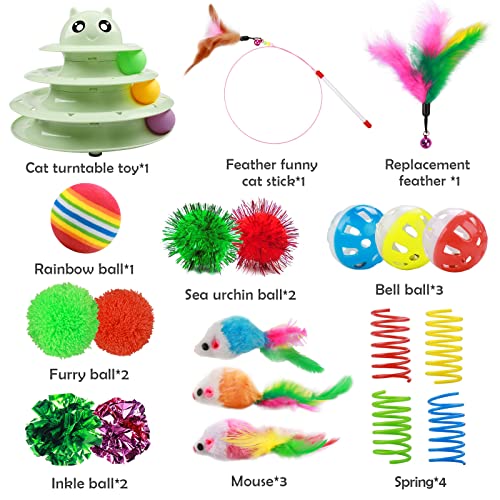 UPSKY 20 PCS Cat Toys - 3-Level Turntable Roller with Balls for Indoor Cats, Kitten Set with Teaser, Mice, Spring, and Various Ball Toys - color: B-20PCS-Fruit Green