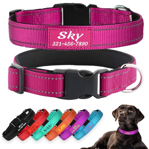 Personalized Dog Collars, Reflective Nylon Custom with Pet Name and Phone Number,Adjustable 5 Sizes and 3 Fonts Soft Neoprene Padded Dog Collar for Boy Girl Puppies Dogs,Rose Red - color: Rose Red