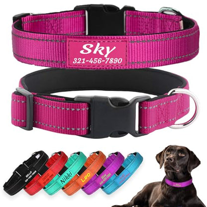 Personalized Dog Collars, Reflective Nylon Custom with Pet Name and Phone Number,Adjustable 5 Sizes and 3 Fonts Soft Neoprene Padded Dog Collar for Boy Girl Puppies Dogs,Rose Red - color: Rose Red