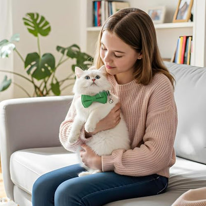 2 Pcs Green Cat Bow Tie, Cat Collar with Bow Tie Breakaway, Catsbowtie Collar with Bell, Soft Adjustable Color Plaid Pet Collars (Green) - color: Green