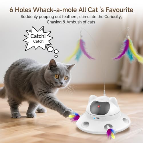 Cat Laser Toy, Automatic 3in1 Interactive Laser Pointer Toy for Indoor Cats, 5 Adjustable Red Lazer Light Pattern, Smart Sensor Auto Cat Feather Wand Kitten Toy, Keep Busy Chase Play, USB Rechargeable