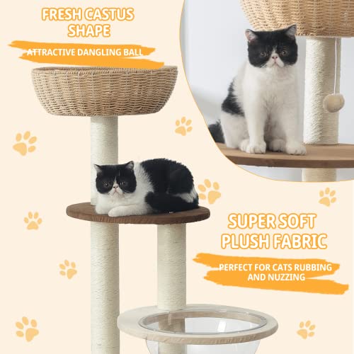 Modern Cat Tree Tower for Large Cats, Real Natural Sisal Luxury Cat Condo, Manual Hand Woven Wood Cat Tower, Indoor Cat Scratching Tree, New Cat Condo Lover Gift - color: Cat Tree Y818