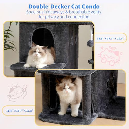Heybly Cat Tree, 25.6-inch Cat Tower with Spacious Top Perch for Large Cats, Stair-Style Cat House Furniture with Dual-Layer Condos, Sisal Scratching Posts, Cozy Basket & Pompom, Smoky Gray HCT204SG - color: Smoky Gray, size: 25.6 inch