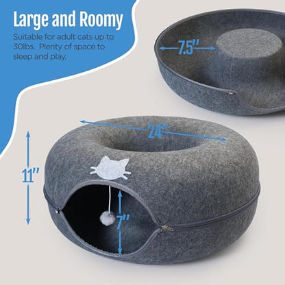 Meow Mansion Large Cat Cave Donut - Cat Tunnel; up to 30lbs - 3 Toy Balls & Hanging Ball Included - Scratch Resistant, Detachable and Cleanable Cat Donut Bed - color: Gray