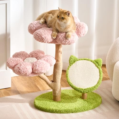 797Audio Natural Wood Flower Cat Tree, Modern Cat Tower with Real Solid Wood Branch, Luxury Aesthetic Cat Tree with Scratching Post, Scratch Pad, Cat Tree Tower for Indoor Large Adult Cats, Baby Pink - color: Pink, size: Natural Wood