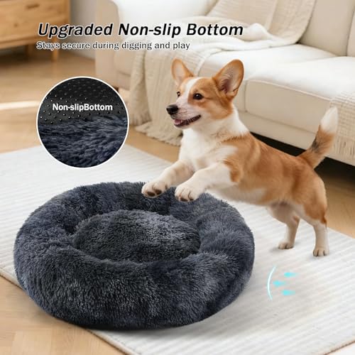 Calming Donut Dog Bed for Small to Medium Dogs & Cats - Plush Faux Fur Anti-Anxiety Pet Bed with Machine Washable Cover & Non-Slip Base - color: Bandhnu Dark Grey, size: X-Small 15.7''