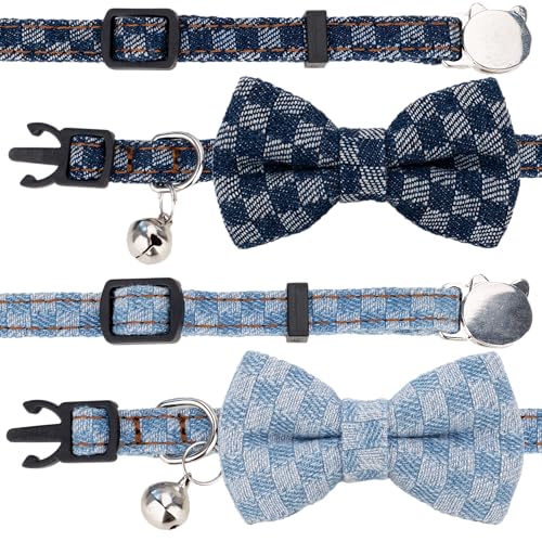 Cat Collar Breakaway Bowtie Safety with Bell Adjustbale Kitten Puppy Solid Plaid Color Set O-[2pcs] Denim - color: O-[2pcs] Denim