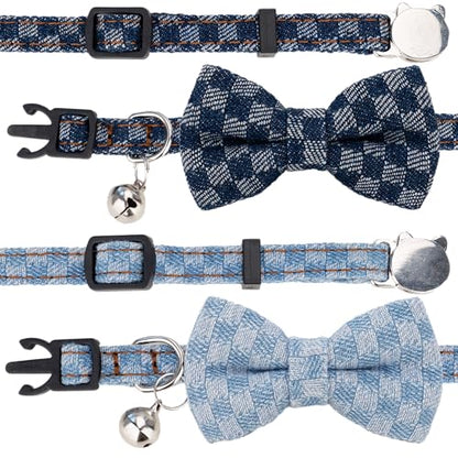 Cat Collar Breakaway Bowtie Safety with Bell Adjustbale Kitten Puppy Solid Plaid Color Set O-[2pcs] Denim - color: O-[2pcs] Denim