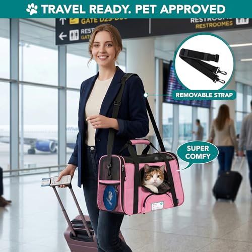 PetAmi Airline Approved Pet Carrier for Cats & Small Dogs, Soft Sided TSA Travel Carrier Bag with Sherpa Bed, Breathable Mesh Ventilation, Collapsible Bowl, Fits Under Seat, Up to 18 lbs, Large Pink - color: Pink, size: Large - 19.5"L x 10.2"W x 12"H