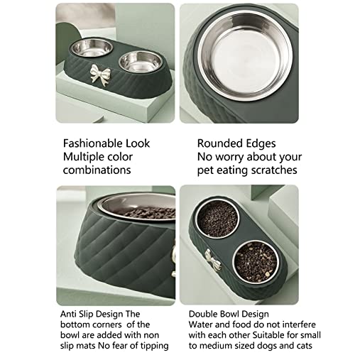 Stainless Steel Double Pet Bowls with Bowknot Decor Holder, Prevent Slip Cat and Dog Food Water Bowls, Cat Food Bowl Elevated, Dog Bowls Elevated, Cat Food and Water Bowl Set(Dark Green) - color: Dark Green