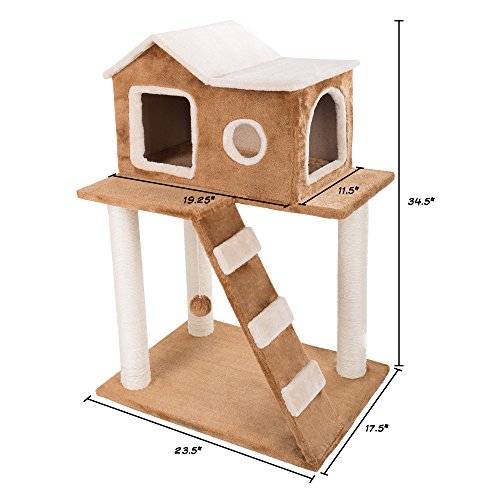 35in Cat Tree with Climb-Up Ladder, Cat Condo, 3 Sisal Rope Cat Scratching Posts, and Hanging Toy - Cat Tower for Indoor Cats by PETMAKER (Brown)
