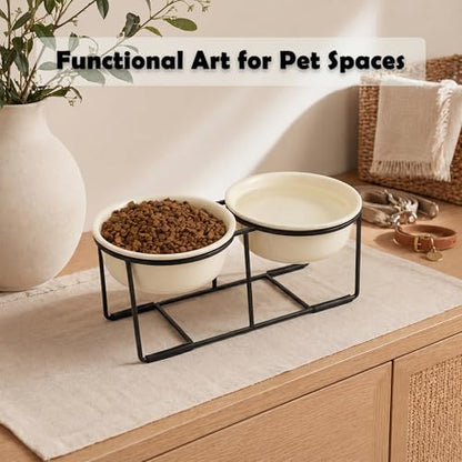Ceramic Elevated Dog Bowl Set - Raised Food and Water Bowls with Metal Stand - Double Pet Dishes for Small and Medium Dogs - 3 Cups - 24.3 fl oz - Beige - color: Beige, size: L-400ml