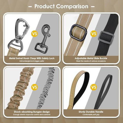 AUBELL Tactical Dog Leash Heavy Duty,4-6ft Reflective Strong No Pull Bungee Leash for Medium Large Dogs with Comfortable Padded Double Handle,Car Seat Belt,360 Degree Rotating Carabiner,Brown - color: M/L-Brown(4-6FT)