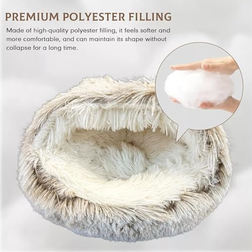Cat Bed Round Fluffy Hooded Cat Bed Cave, Anti-Anxiety Cave Bed with Hooded Blanket, Cozy Cuddler Luxury Puppy Pet Bed, Anti-Slip Bottom and Machine Washable (Khaki, Medium) - color: Khaki, size: Medium