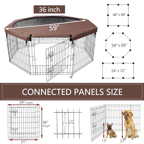 NEZUC Foldable Metal Dog Exercise Playpen Gate Fence Dog Crate 8 Panels 24 Inch Height Puppy Kennels with Top Cover/Bottom Pad for Animals Outdoor Indoor (Playpen+Top Cover, Brown, 36" H) - size: 36"H, style: Playpen+Top Cover
