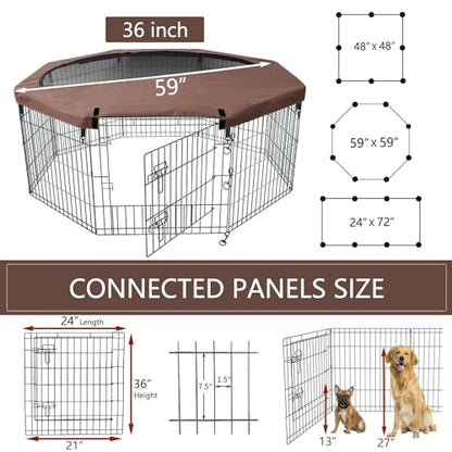 NEZUC Foldable Metal Dog Exercise Playpen Gate Fence Dog Crate 8 Panels 24 Inch Height Puppy Kennels with Top Cover/Bottom Pad for Animals Outdoor Indoor (Playpen+Top Cover, Brown, 36" H) - size: 36"H, style: Playpen+Top Cover