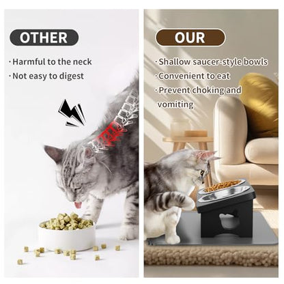 Elevated Cat Bowls with Silicone Mat, 15° Tilted Solid Wood Stand, Raised Stainless Steel Food & Water Dishes for Cats and Small Dogs, Anti-Vomiting Design(Black) - color: Black