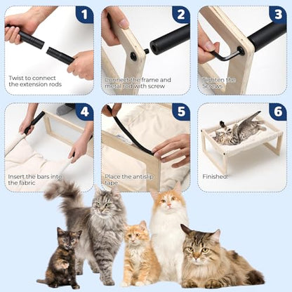 Cat Bed with Removable Washable Cushion, 9.5" Elevated Wooden Cat Hammock Bed, 360° Visibility Dog/Cat Cot with Cozy Winter Pads for Kitty, Puppy, Rabbit and All Pets - color: Cream Color (Thick)