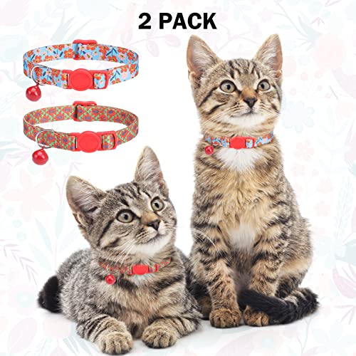 Breakaway Cat Collars for Girl Boy Cats, Fall Winter All Weather Cat Collar Personalized Pattern 2 Pack,Cute Classic Safety Buckles and Bells,Adjustable Printed Nylon Colorful Red - color: Floral Cluster