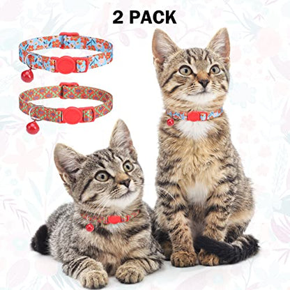 Breakaway Cat Collars for Girl Boy Cats, Fall Winter All Weather Cat Collar Personalized Pattern 2 Pack,Cute Classic Safety Buckles and Bells,Adjustable Printed Nylon Colorful Red - color: Floral Cluster