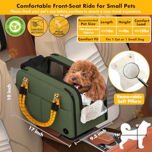 PAWZIDEA Center Console Dog Car Seat, Enclosed Small Dog Armrest Booster Carseat, Secure Straps &Anti Slip, Portable TSA Approved Puppy Pet Carrier Soft-Sided, Removable Pillow Storage Pocket, up 12lb - color: Forest Green