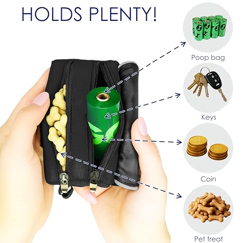 Dog Poop Bag Holder for Leash, 2 Waterproof Zipper Pouches, Dog Treat Pouch for Pet Walking Accessories, with Dispenser, Training Clicker and 1 Free Roll (Black) - color: Black