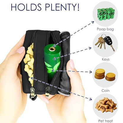 Dog Poop Bag Holder for Leash, 2 Waterproof Zipper Pouches, Dog Treat Pouch for Pet Walking Accessories, with Dispenser, Training Clicker and 1 Free Roll (Black) - color: Black